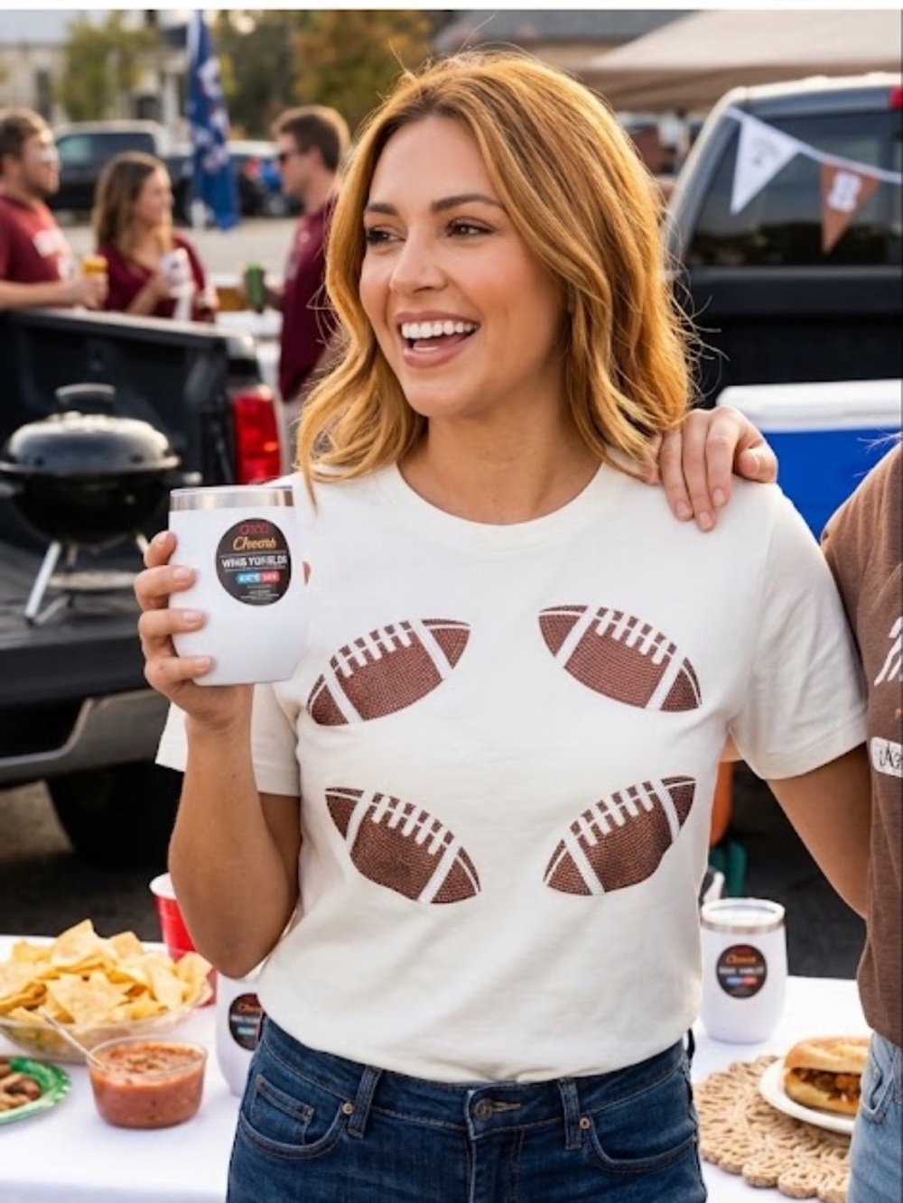 White Short-Sleeve Tee with Brown Football lrg and wine  tumbler 2 pc bundle